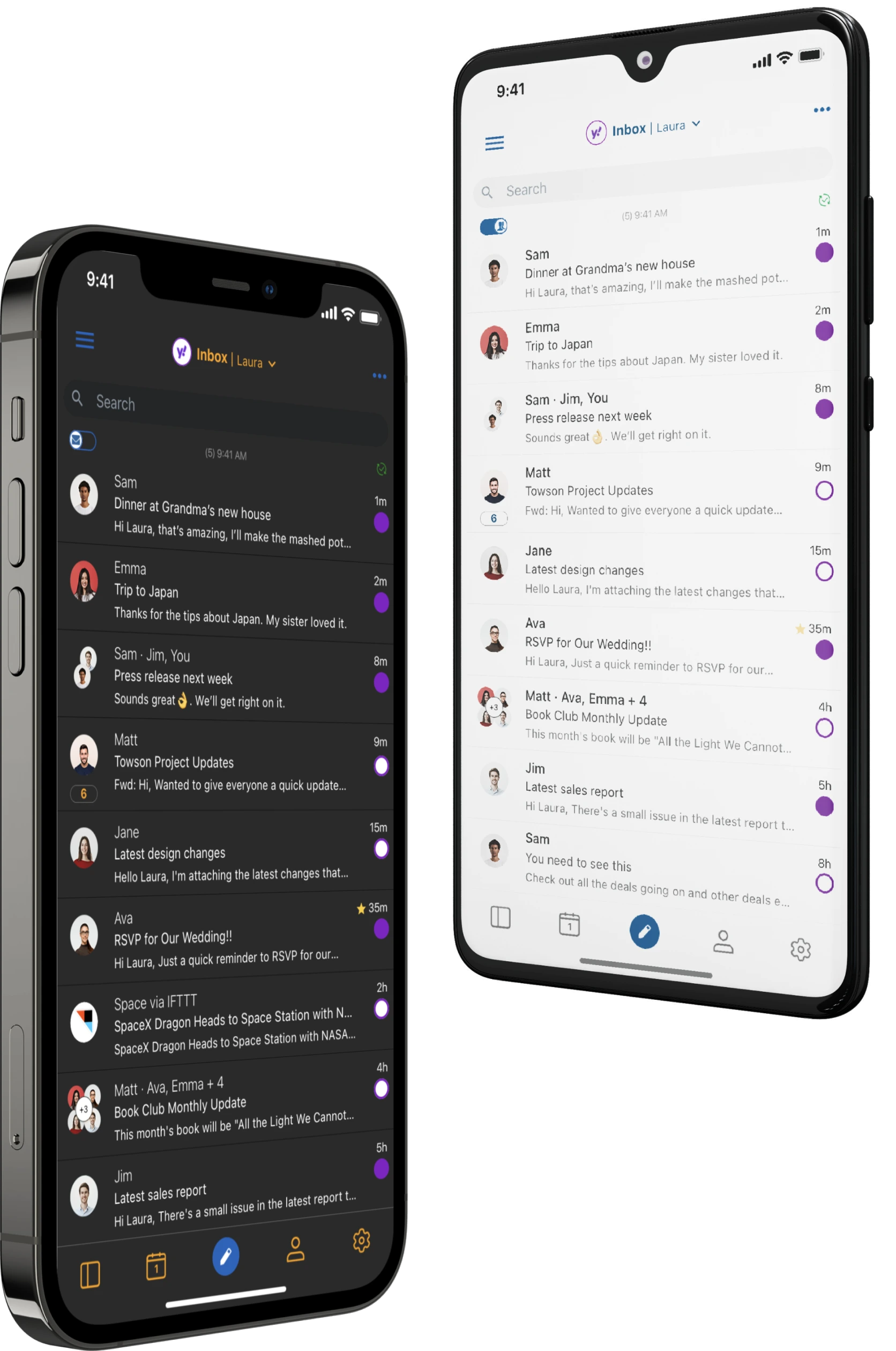 BlueMail app interface showing dark and light mode on iPhone devices
